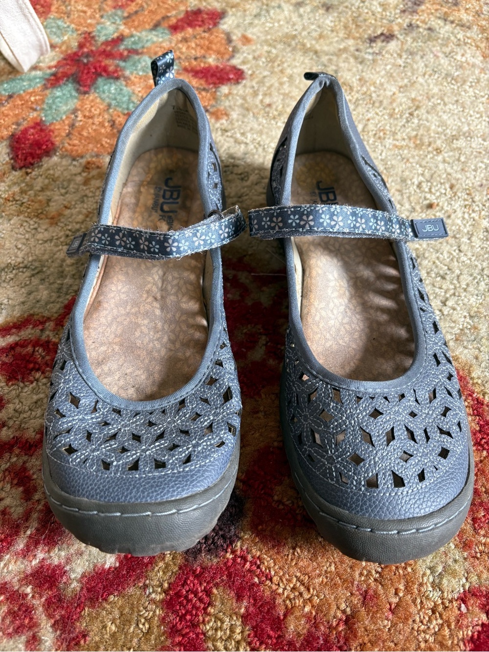JBU Women’s Charcoal Gray Mary Jane Flats with Floral Strap